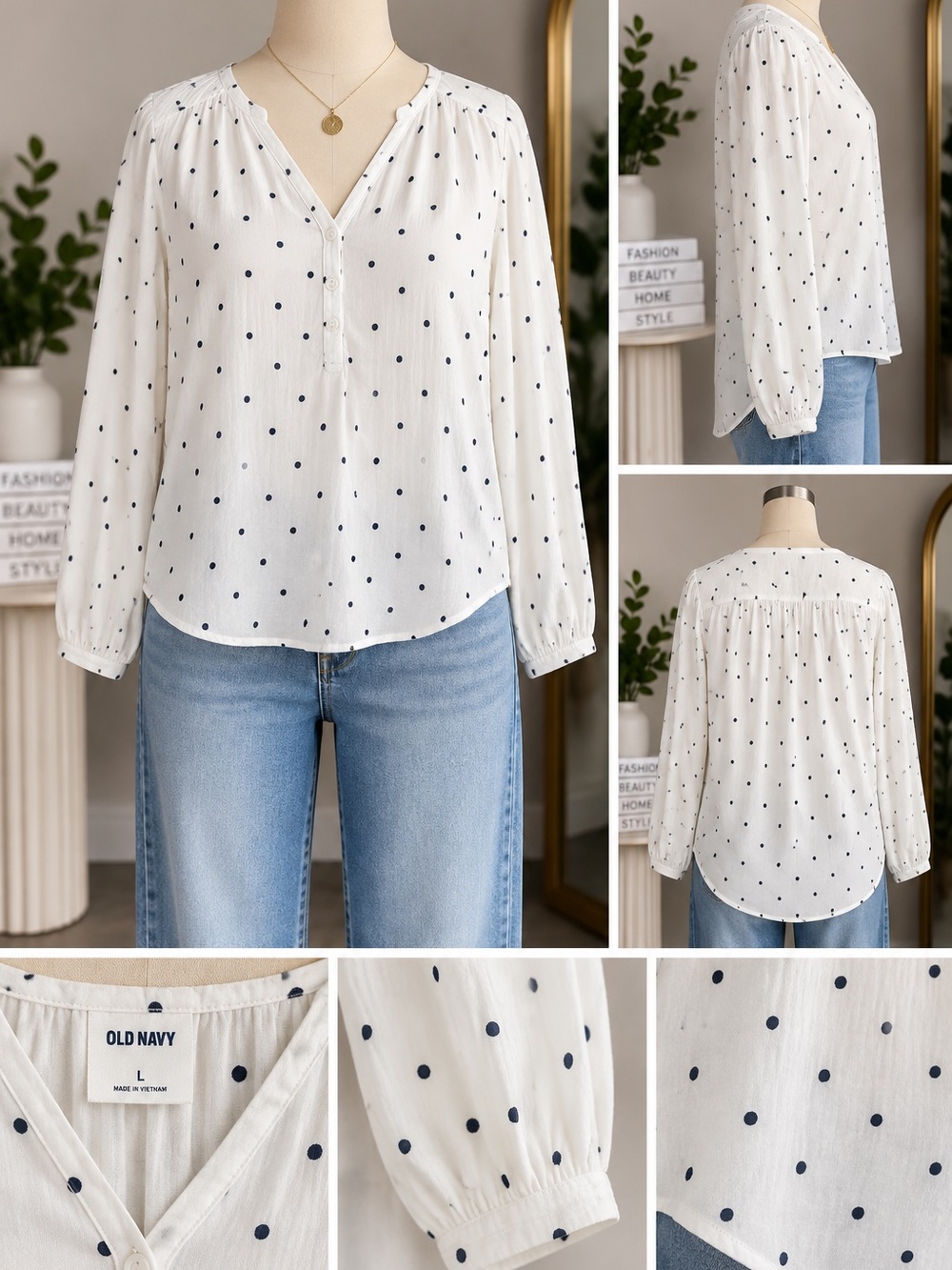 Old Navy White Blouse with Navy Polka Dots